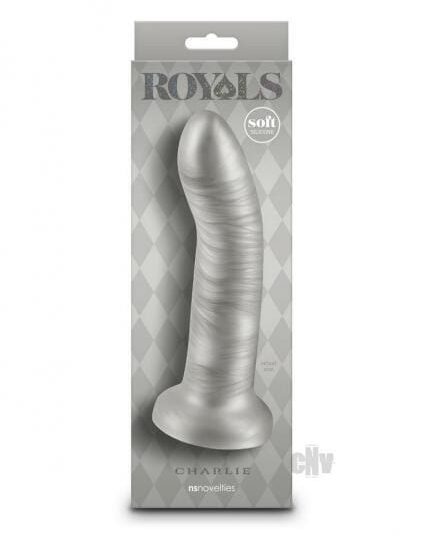 Royals Charlie 7-inch champagne metallic curved dildo with suction cup base.