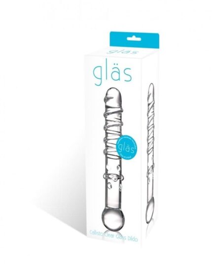 GLAS Callisto clear glass dildo with spiraled ridges and textured handle.