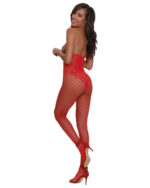The best open crotch bodystocking in lipstick red with knitted lace and fishnet.