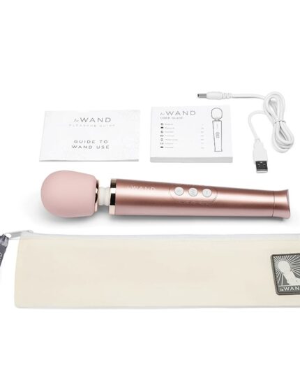 The best vibrating wand in light pink with travel case and USB charging cord.