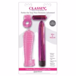 Pink couple's kit featuring a multi-speed bullet vibrator and textured sleeve