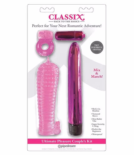 Pink couple's kit featuring a multi-speed bullet vibrator and textured sleeve