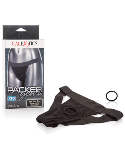 Packer Gear black harness jockstrap with O-ring and bullet vibrator pocket