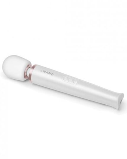Le Wand Rechargeable Wand Massager in white with gift box and travel case.