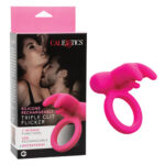Triple Clit Flicker Vibrating Ring in pink silicone with remote control.