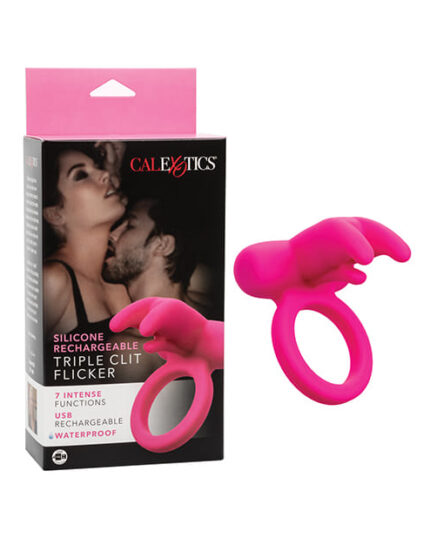 Triple Clit Flicker Vibrating Ring in pink silicone with remote control.